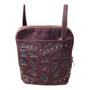 Vintage Western Brown Tooled Leather Crossbody Bag Green Inlays & Stud Accents